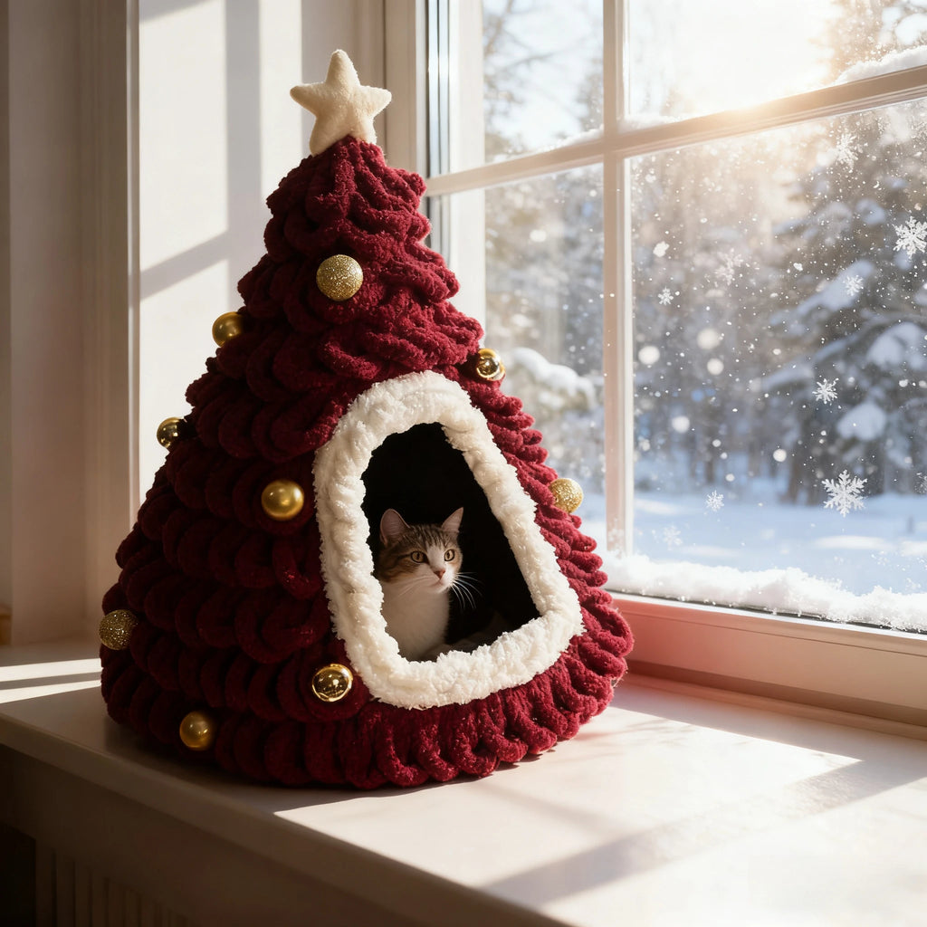 Cozy Pine Christmas Tree Cat Cave