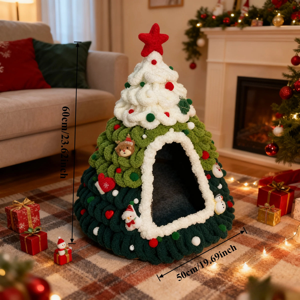 Cozy Pine Christmas Tree Cat Cave