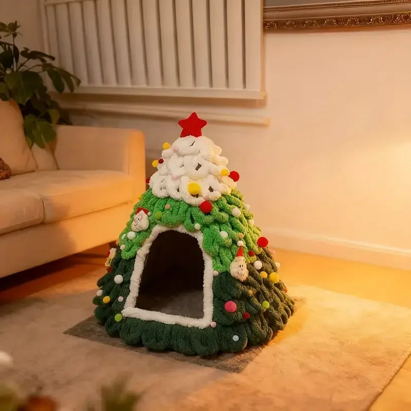 Cozy Pine Christmas Tree Cat Cave