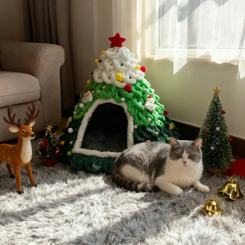 Cozy Pine Christmas Tree Cat Cave