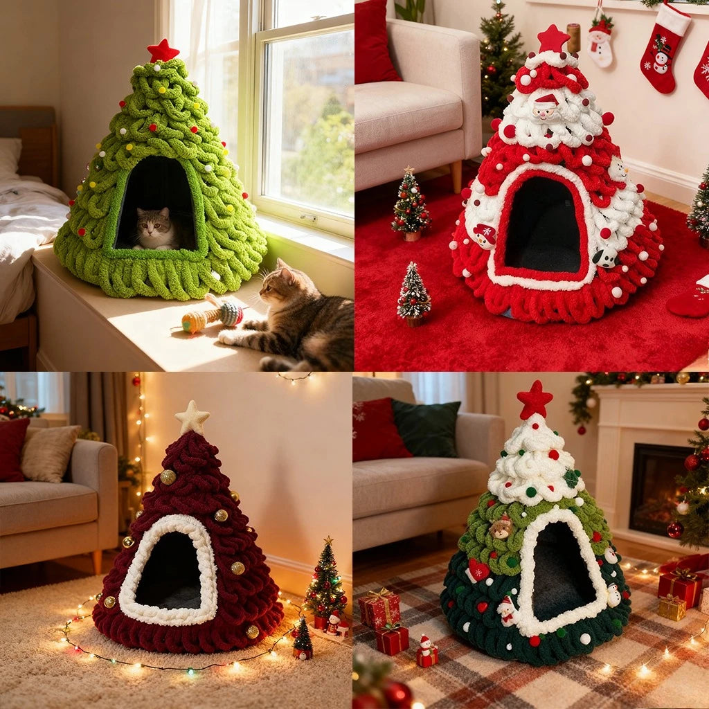 Cozy Pine Christmas Tree Cat Cave
