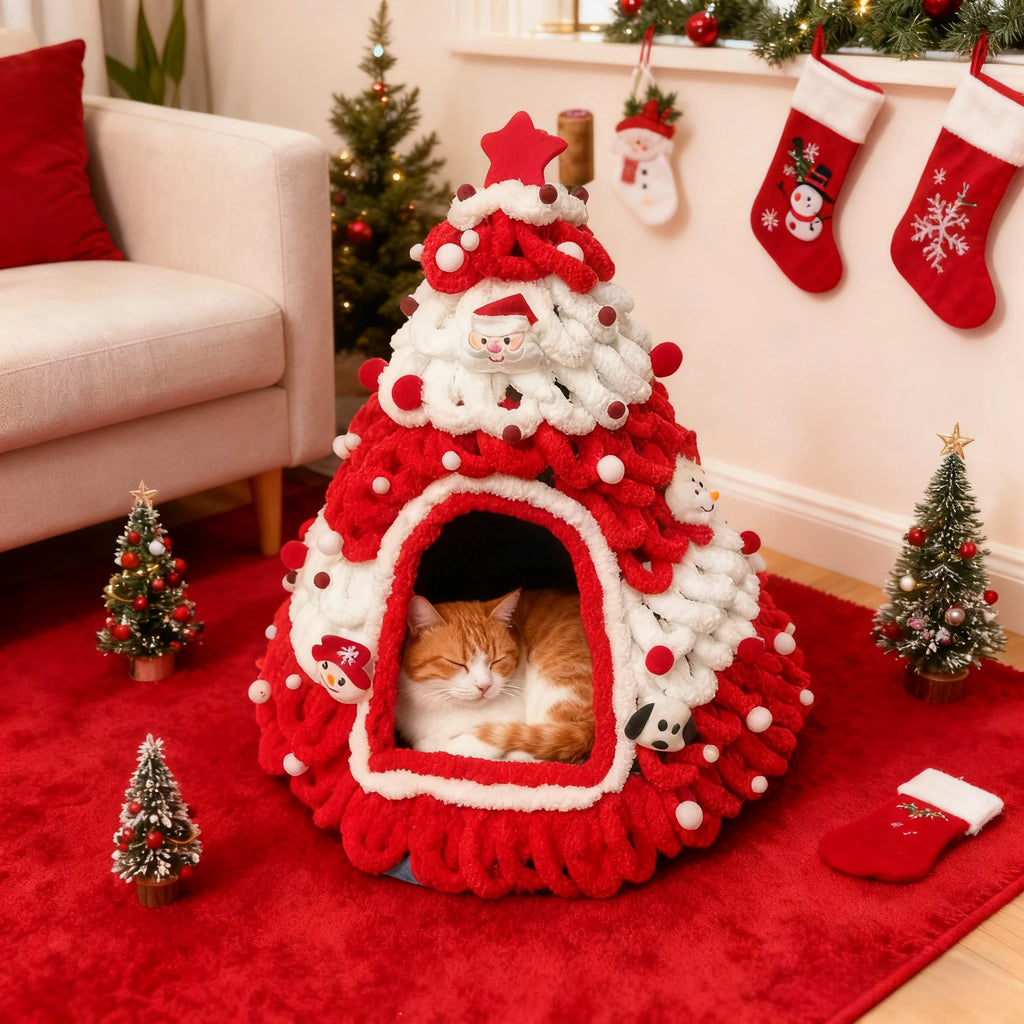 Cozy Pine Christmas Tree Cat Cave