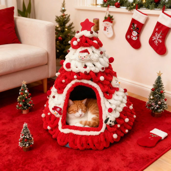 Cozy Pine Christmas Tree Cat Cave