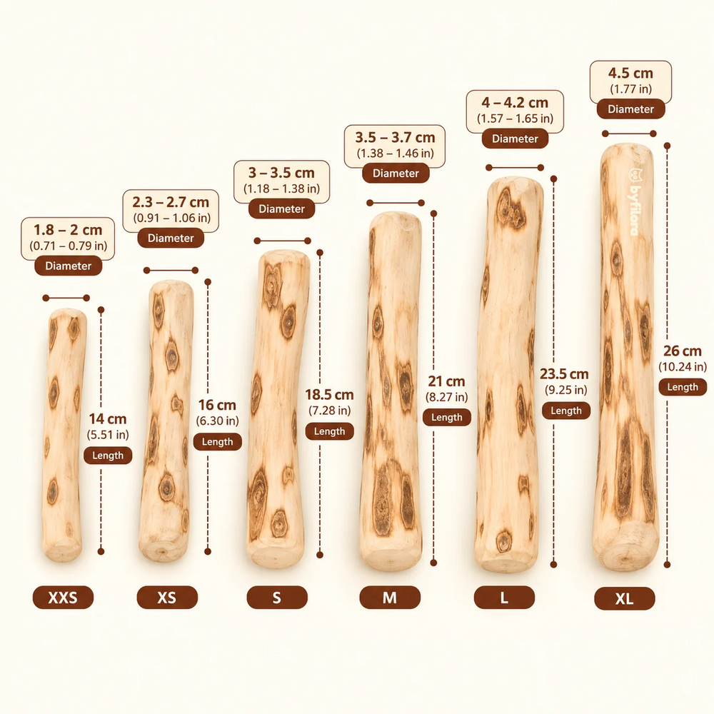 Brewbark coffee wood chew size chart