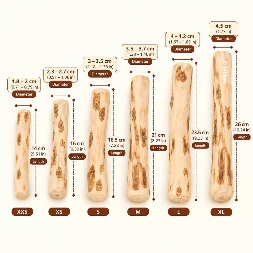 Brewbark coffee wood chew size chart