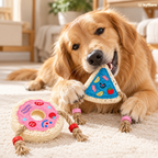 Dog playing with Nibbleloof loofah pizza and donut chew toys
