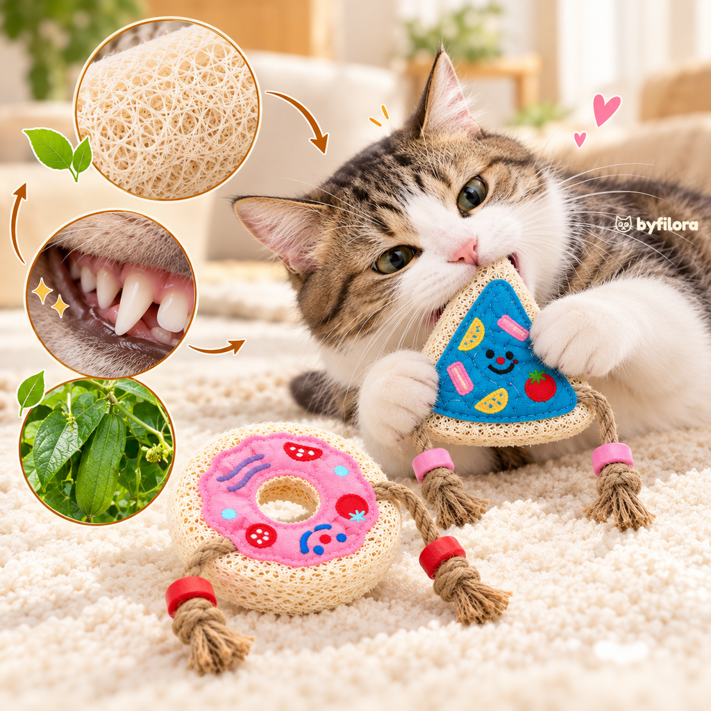 Cat playing with Nibbleloof loofah pizza and donut toys