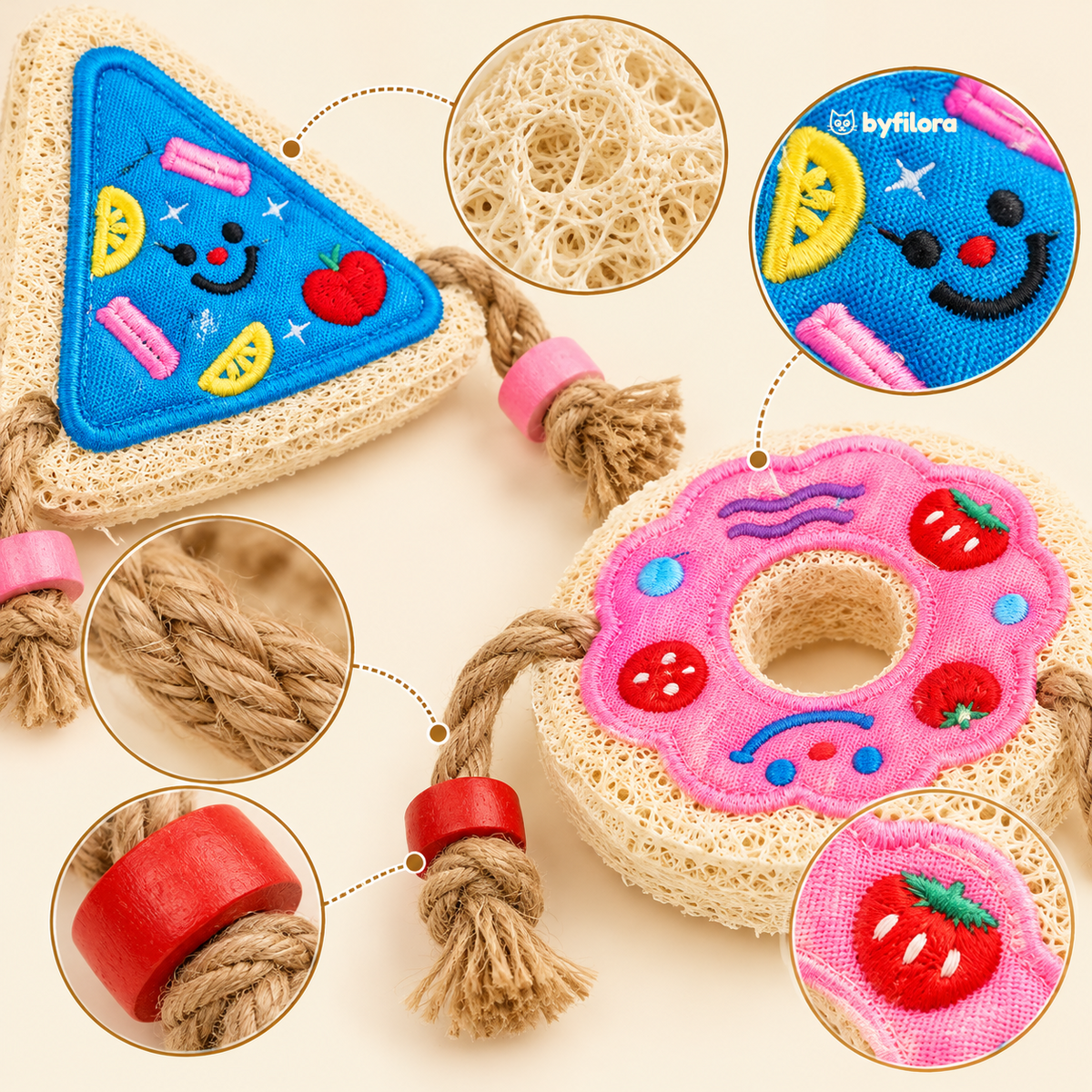 Nibbleloof loofah, jute rope and embroidered details