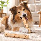 Dog chewing a Brewbark coffee wood stick on a rug