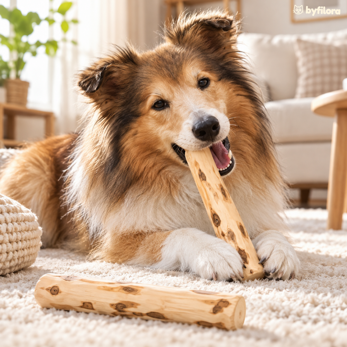 Dog chewing a Brewbark coffee wood stick on a rug