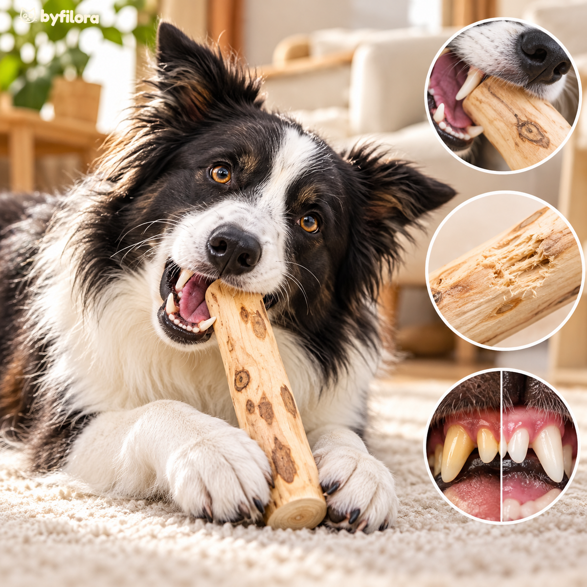 Border collie chewing a Brewbark coffee wood stick